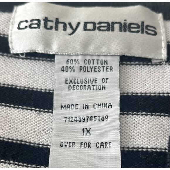 CATHY DANIELS LONG SLV PULL-OVER V-NECK TOP, WOMENS, 1X, BLACK & WHITE STRIPES - Picture 10 of 11
